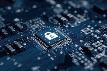 Close-up of a circuit board with a security lock icon on a chip.  Dark, detailed circuit board texture