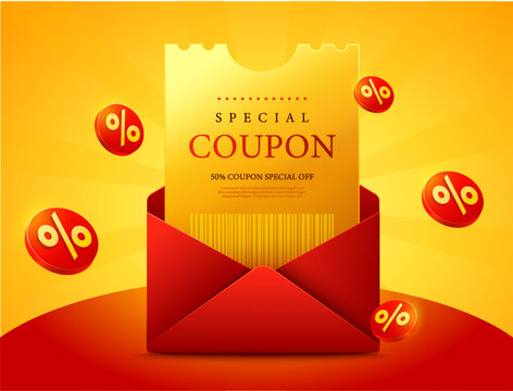 3d Golden coupon ticket with Special Coupon, barcode inside a red envelope, surrounded by percentage discount icons, on a glowing yellow background. Gift voucher banner template in 3d vector. Vector