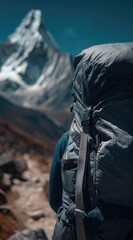 A traveler's view up a path towards a jagged, snow-capped mountain peak. Focus is on the large backpack in front. Sky is a clear blue