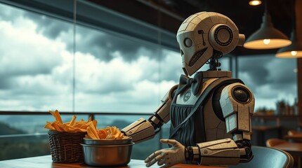 Robot waiter serves fries with cafe view.