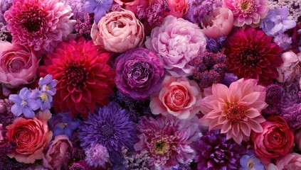 A vibrant arrangement of various flowers in shades of pink, purple, and red