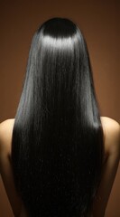 A woman's back view showcases lustrous, long black hair that cascades down smoothly against a warm brown backdrop, emphasizing its shine and health
