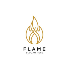 Elegant flame logo design with intertwined golden lines, featuring the word FLAME and a slogan placeholder.