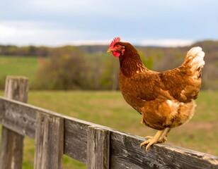 Brown hen on a fence
