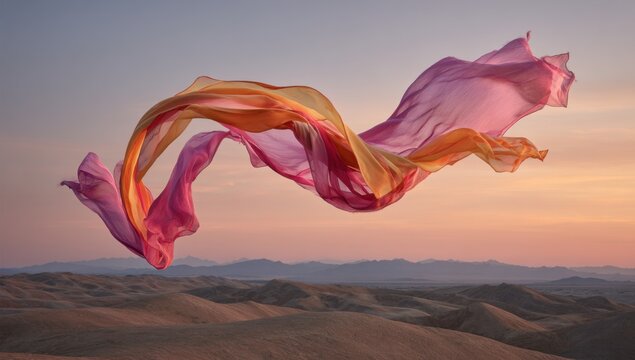 A vibrant, flowing fabric against a desert sunset - Powered by Adobe