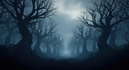 Dark Mysterious Forest with Twisted Trees and Foggy Atmosphere in Night Scene