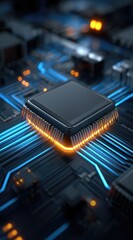 Close-up of a circuit board with a prominent chip glowing with orange light, surrounded by blue circuits in soft focus