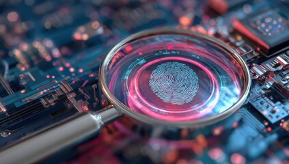Magnifying glass over a glowing brain graphic on a circuit board