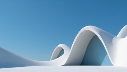 Modern, white architectural structure against a clear blue sky.  Curved, flowing forms and translucent windows create a sleek aesthetic