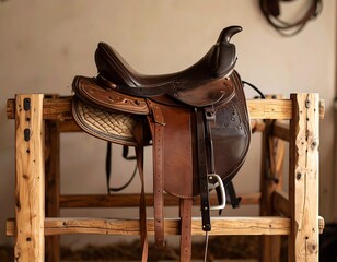 Brown leather saddle on rustic wooden rack