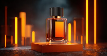 Vibrant photo of rectangular perfume bottle is placed on an orange geometric podium, surrounded by orange neon lights. the background features dark tones and light effects. it.