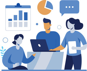 Vector illustrations of a business icon set with a diverse group of people working together in an office