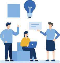 Obraz premium Businesspeople team in a meeting, reviewing a large checklist representing a business plan or project tasks, with colleagues working on laptops and presenting ideas. Flat design vector illustration