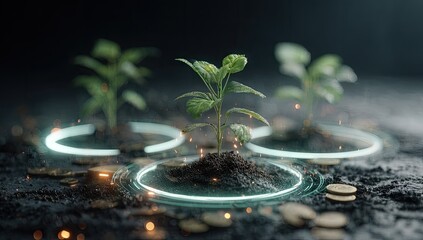 Three small plants growing in soil, surrounded by glowing circles