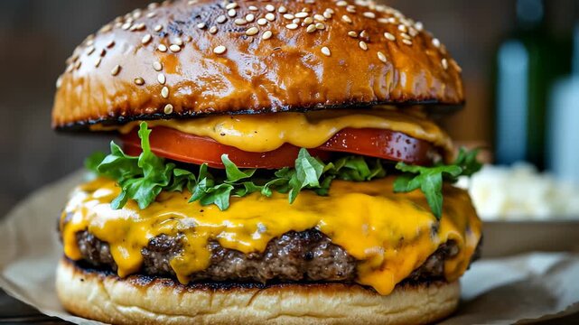 Mouthwatering burger with a perfectly toasted bun, melted cheese, and vibrant vegetables served in an inviting eatery. Ideal for food lovers seeking delicious comfort.