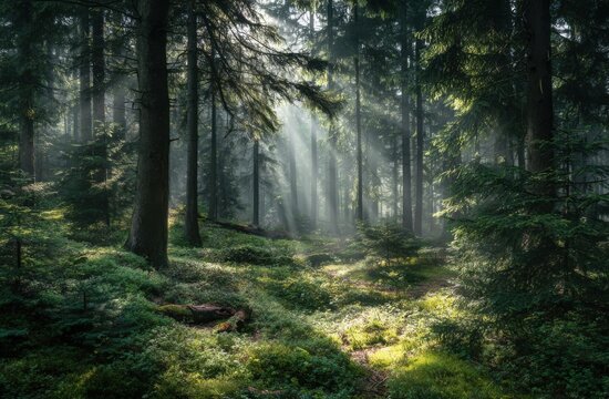 Sunbeams pierce a misty forest floor, illuminating a path. Lush greenery carpets the forest floor, contrasting with the dark, towering trees