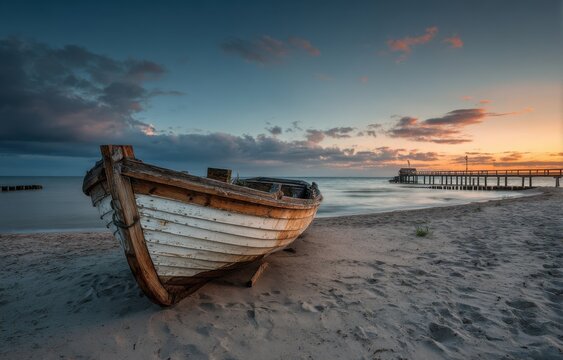 Old weathered wooden boat on a sandy beach at sunrise.  Sunrise colors paint the sky. Pier in the distance.  Gentle waves - Powered by Adobe