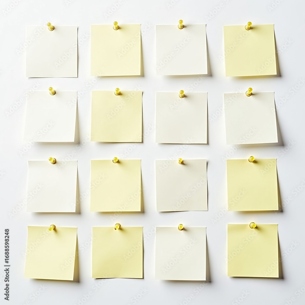 Aufkleber sticky notes mockup arranged in symmetrical grid pattern with yellow push pins on white background f