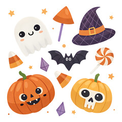 Cute Halloween Pixel Art: Pumpkins, Ghosts, Bats & Witch Hat Graphics on transparent background