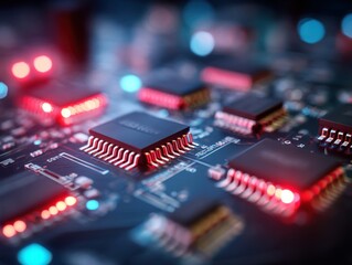 Close-up of circuit board with microchips and glowing LEDs