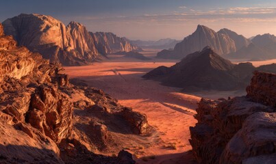 Obraz premium Desert mountain vista at sunrise. Vast, rocky landscape with vibrant colors. Reddish-orange sandstone peaks and canyons. Golden light bathes the scene