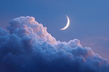 Crescent moon peeking through fluffy clouds at twilight