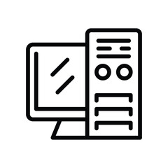 A computer tower and monitor icon are depicted with thick black outlines. Editable stroke. Vector icon illustration