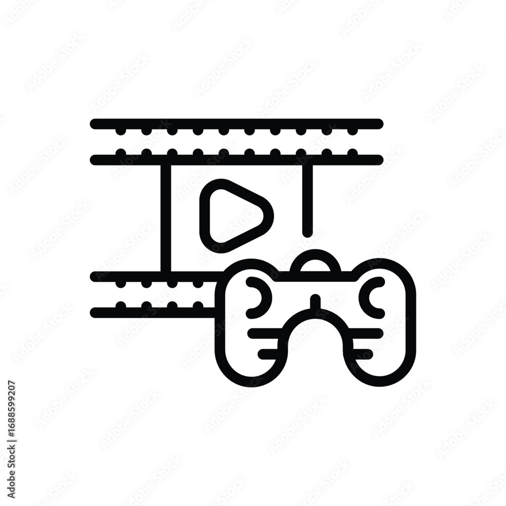 Poster a black outline drawing of a screen with a play button and a video game controller in front of it. e