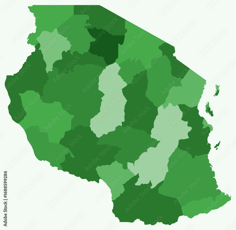 Poster map of tanzania with regions. just a simple country border map with region division. green color pal