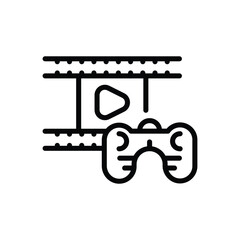 A black outline drawing of a screen with a play button and a video game controller in front of it. Editable stroke. Vector icon illustration