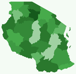 Fototapeta premium Map of Tanzania with regions. Just a simple country border map with region division. Green color palette. Flat United Republic of Tanzania shape with administrative division. Vector illustration.