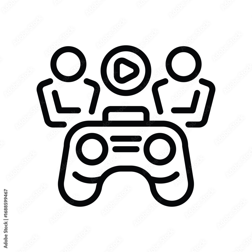 Aufkleber a blackline icon of a controller flanked by abstract figures and a play button circle centered above
