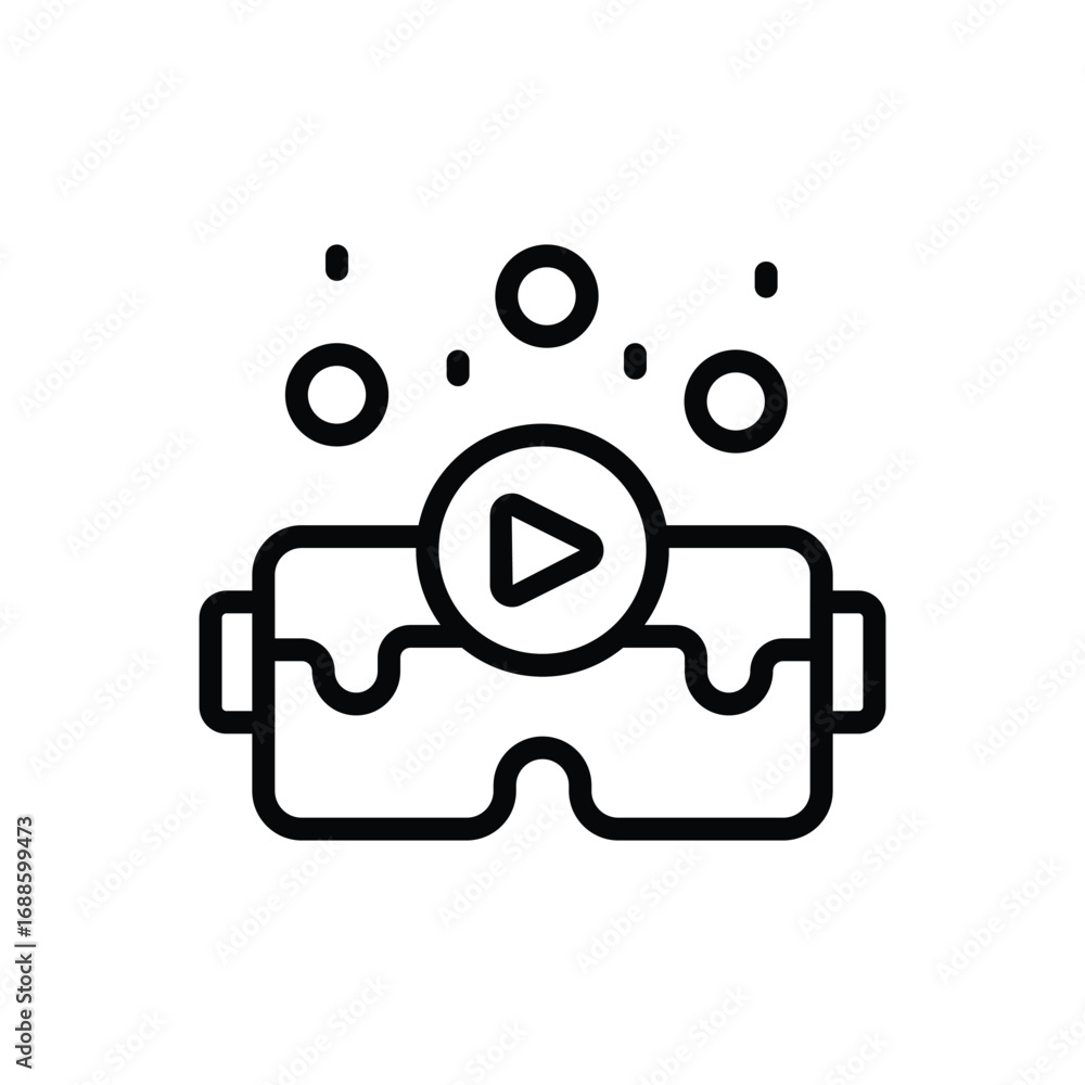 Poster a blackandwhite line drawing of vr glasses with a play button in the center and bubbles floating aro