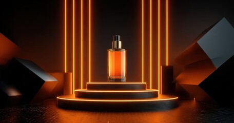 Vibrant photo of vibrant orange and black background with neon lights, featuring an elegant perfume bottle centered on the podium. the backdrop is adorned with geometric shapes.