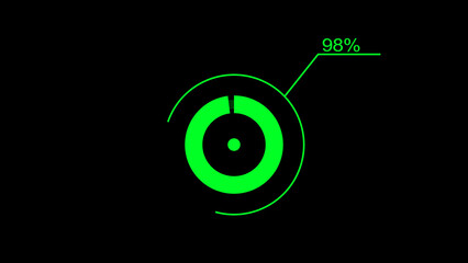 A dynamic circle loading illustration, is loading from 1 to 98 and on a black background .	