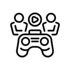 A blackline icon of a controller flanked by abstract figures and a play button circle centered above conveys a gaming community concept. Editable stroke. Vector icon illustration