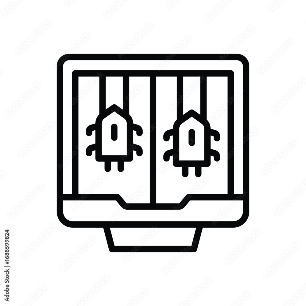 Poster a computer monitor displaying two bug icons divided by vertical lines on the screen. editable stroke