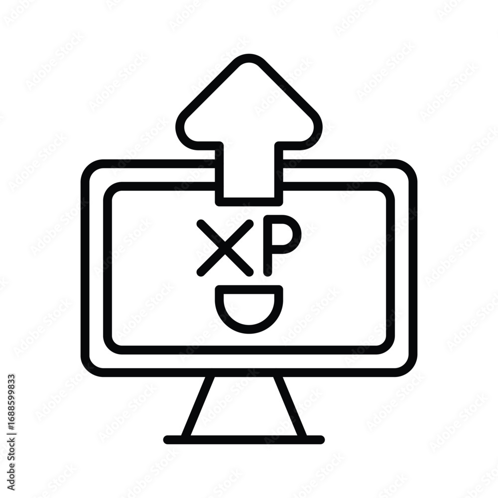 Poster a computer monitor displaying xp and an upward arrow are rendered in a thick black line. editable st