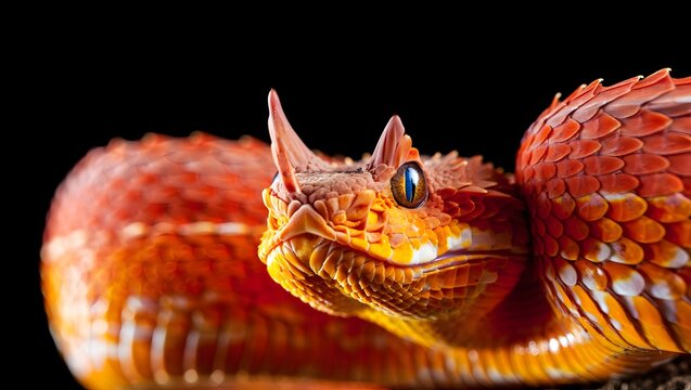Portrait of a horned viper with orange scales and a black background close up shot 90