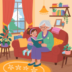 Grandmother Reading a Storybook to Granddaughter Illstration