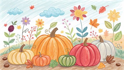 Brightly colored pumpkins sit in a vibrant garden filled with flowers and falling leaves