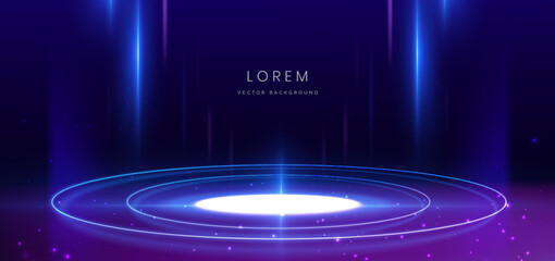 Stage neon circle glowing on blue background with lighting effect. Technology futuristics for product show concept.