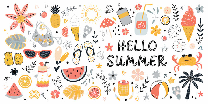 Hello summer collection of fun beach and tropical elements with sun and fruit
