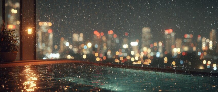 Rain-slicked rooftop pool overlooking a city at night