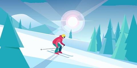 A skier in a red jacket and yellow helmet skis down a snowy mountain slope surrounded by pine trees under a bright sun