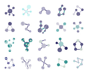 Molecule set in scandinavian style showing different models with particle connections for laboratory experiment research education discovery innovation knowledge science atom chemistry physics