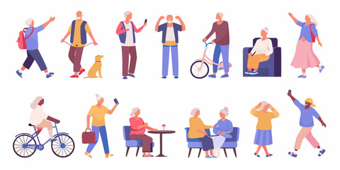 Diverse group of active elderly people enjoying various activities and hobbies in a flat design style