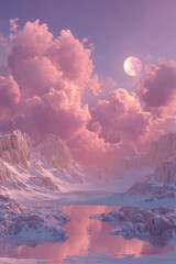 Pastel pink sky over snowy mountains, moonlit lake