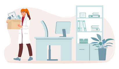 Woman leaving office carrying box with personal belongings, representing concept of job change