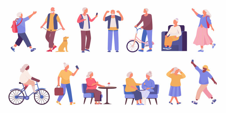 Diverse group of active elderly people enjoying various activities and hobbies in a flat design style